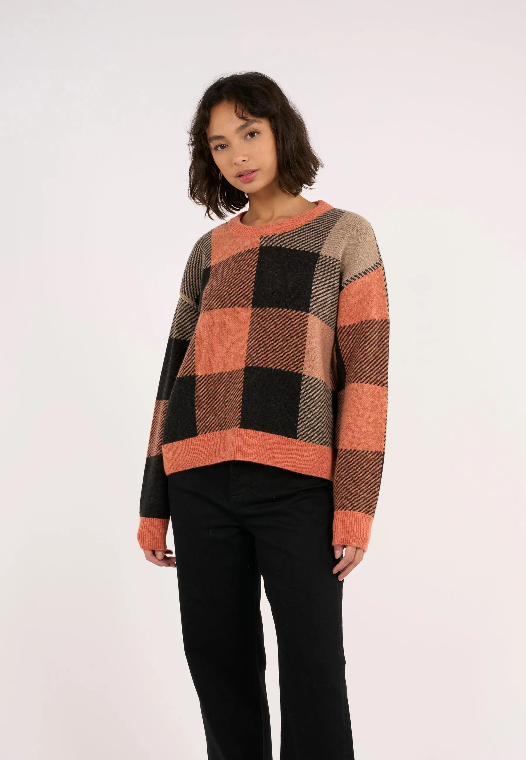 Boxy pixel check crew neck - Autumn Leaf