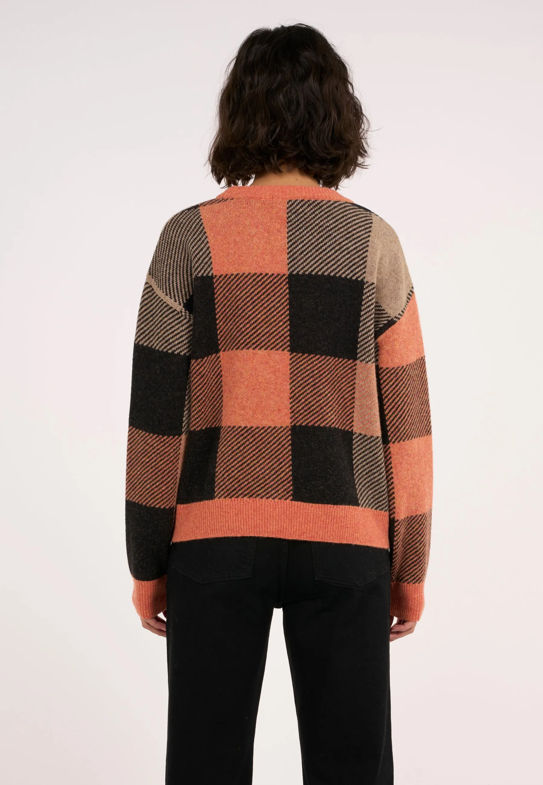 Boxy pixel check crew neck - Autumn Leaf